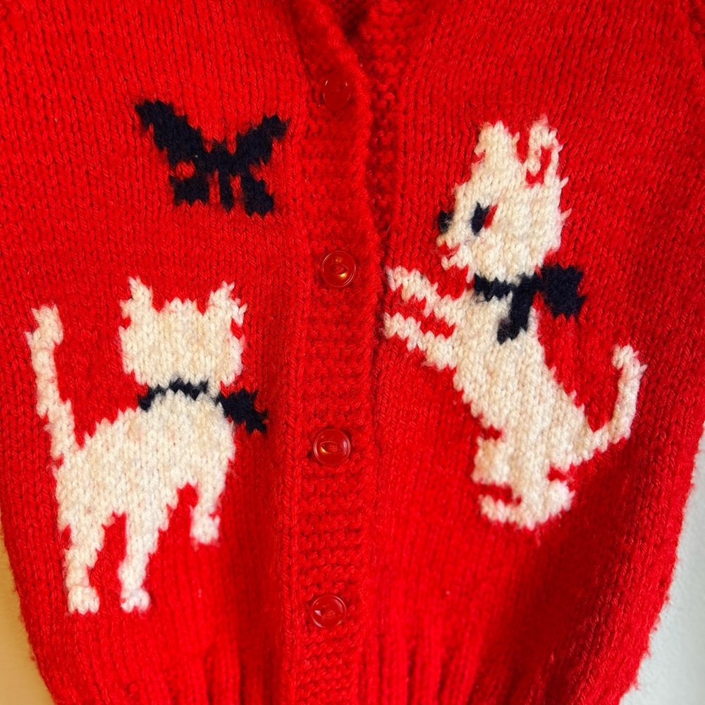 Vintage 1960s Cardigan with Cat and Butterfly Design